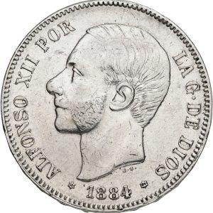 Spain, Alfonso XII, 5 Pesatas 1884, KM 688, VF, cleaned.