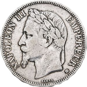 France, Napoleon III, 5 Francs 1868 BB, KM 799, VF-F, cleaned.
