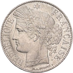 France, 1 Franc 1887 A, KM 822, EF, lightly wiped.