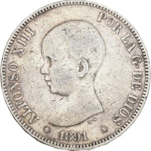 Spain, Alfonso XIII, 5 Pesetas 1891, KM 689, VF-F