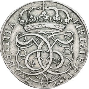 Christian V, 4 mark / krone 1686, H 82, Sieg 43.1, sjælden Aagaard type 41, kv. 1+, graffiti.