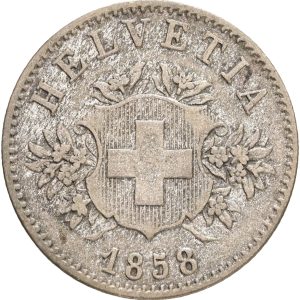 Switzerland, 20 Rappen 1858, KM 7, F