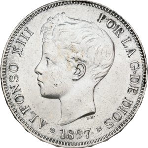 Spain, Alfonso XIII, 5 Pesetas 1897, KM 707, EF, hairlines.