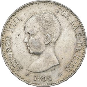 Spain, Alfonso XIII, 5 pesetas 1892, KM 689, VF
