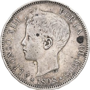 Spain, Alfonso XIII, 5 pesetas 1898, KM 707, VF, edge nick.