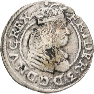 Frederik III, Glückstadt, 3 skilling lybsk 1669, H 152, Sieg 155.1, kv. 1, blanketfejl.