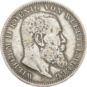 Germany, Württenburg, Wilhelm II, 3 Mark 1909 F, KM 635, VF-F