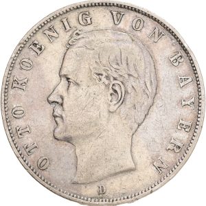 Germany, Bayern, Otto, 3 Mark 1909 D, KM 996, VF-F, lightly cleaned.