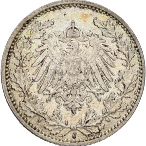 Germany, Wilhelm II, 1/2 Mark 1916 J, KM 17, EF-VF