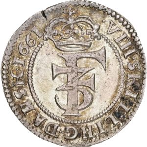 Norge, Frederik III, 8 skilling 1661, Christiania, NMD 204, Sieg 4.6, H 69F, kv. 01, lille blanketfejl