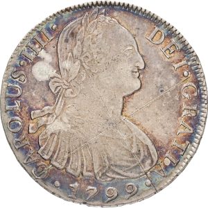 Peru, Carlos IV, 8 Reales 1799 LIMAE IJ, Lima, KM. 97, EF-VF, graffiti on obverse.