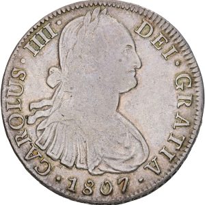 Mexico, Carlos IV, 8 reales 1807 Mo TH, Mexico City, KM 109, VF, lightly cleaned.