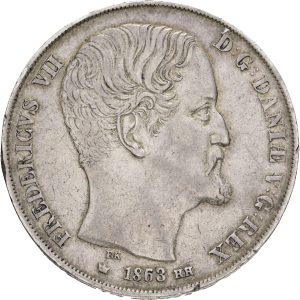 Frederik VII, 2 rigsdaler 1863, Sieg 14.3, H 6C, kv. 1+, variant med rettet årstal og møntmesterinitialer, ks.