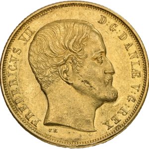 Frederik VII (1848-1863), 2 Frederik d'or 1855, Sieg 16.2, H 1B, kv. 01, lille blanketfejl på advers - fint eksemplar af uhyre sjældent årstal