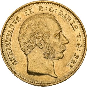Christian IX (1863-1906), Christian d'or 1869, København, H 2, Sieg 6, kv. 01/M-0, ganske let rens. Danmarks sjældneste d'or-type produceret i kun 539 eksemplarer, hvoraf de 500 var til Kongehuset. Udmøntningen foregik fra den 28. juni til den 3. juli 1869.