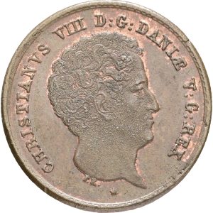 Christian VIII, rigsbankskilling 1842 FF, Sieg 4.2, H 11B, kv. 01. Forside præget med stempel med let. korr.