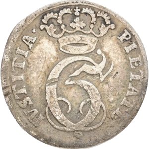 Christian V, Glückstadt, 8 skilling 1697, Sieg 133.2, H 127A, kv. 1+-1, ridser på forsiden.