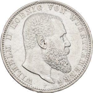 Germany, Wuerttemburg, Wilhelm II, 5 Mark 1907 F, KM 632, VF