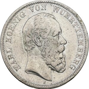 Germany, Wuerttemburg, Karl, 5 Mark 1876 F, KM 623, VF-F