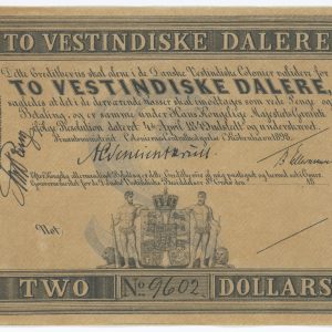 Dansk Vestindien / Danish West Indies, 2 Vestindiske Dalere, blanket med 3 underskrifter, nr. 9602, Sieg 14, Pick 8b, UNC