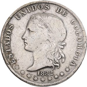 Colobia, 5 Decimos 1882, KM 161.1, VF, lightly cleaned, damages to edge.