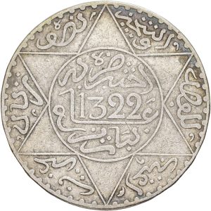 Morocco, Abd al-Aziz, 5 Dirhams 1322 (1904), KM 21.3, VF