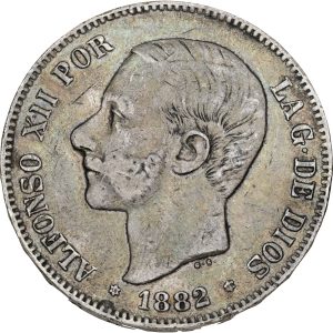 Spain, Alfonso XII, 5 Pesetas 1882, KM 688, VF-F