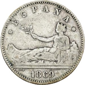Spain, Una Peseta 1869, KM 652, VF-F