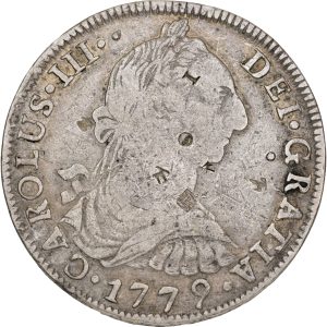 Bolivia, Carlos III, 8 Reales 1779 PTS JR, KM 55, VF-F, chopmarks.