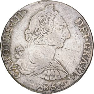 Bolivia, Carlos III, 8 Reales 1785 PTS PR, KM 55, VF-F, scratch on the obverse.