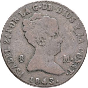 Spain, Isabelle II, 8 Maravedis 1843, KM 531, VF-F