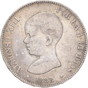 Spain, Alfonso XIII, 5 Pesetas 1888, KM 689, VF-F
