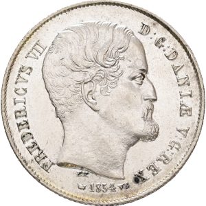 Frederik VII, 1/2 rigsdaler 1854 VS, Sieg 12, H 9, kv. 0-01, små hairlines.