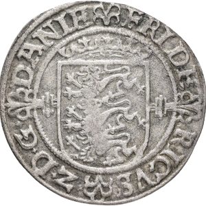 Frederik II, 2 skilling 1561, Sieg 6, H 11, kv. 1+, blanketfejl, korr.