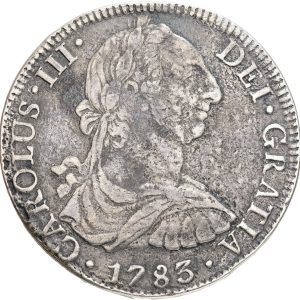 Mexico, Carlos III, 8 Reales 1783 Mo FF, KM 106.2, VF, presumably salvaged from shipwreck.