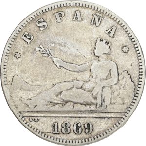 Spain, 2 Pesetas 1869, KM 654, VF-F