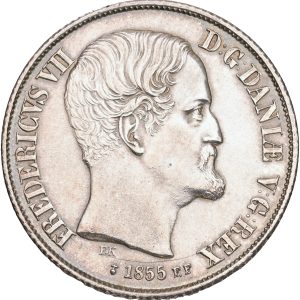 Frederik VII, rigsdaler 1855 FF, Sieg 13.2, H 8B, kv. 01, let aftørret.