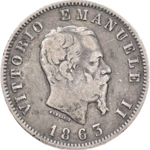 Italy, Vittorio Emanuele II, 1 Lira 1863 M BN, KM 5a.1, VF-F