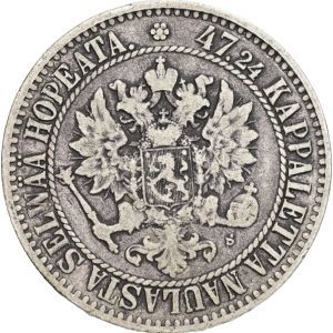 Finland, Alexander II, 2 Markkaa 1865, KM 7.1, VF-F