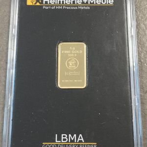 Guldbarre, 5 g, Au (999.9/1000), Heimerle + Meule, kv. Proof - i original holder.
