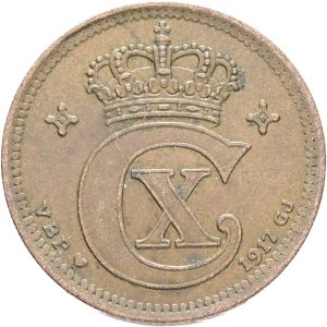 Christian X, 5 øre 1917, Sieg 3.1, H 14A, kv. 1+, små pletter.