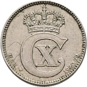 Christian X, 25 øre 1920, Sieg 3.3, H 11, kv. 1+, ridse på forsiden.