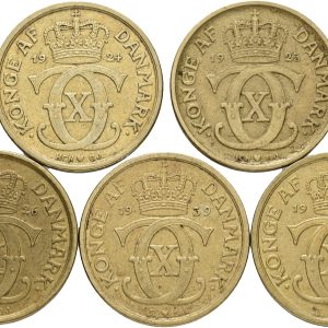 Christian X, 1/2 krone 1924, 1925, 1926, 1939, 1940, Sieg 1.1-1.2, H 22A-B, kv. 1+ - komplet sæt.