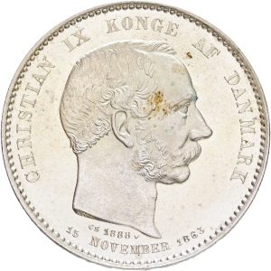 Christian IX, 2 kroner 1888, 25 års regeringsjubilæum, Sieg 1, H 10, kv. M-0, enkelte håndteringsspor og pletter.