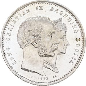 Christian IX, 2 kroner 1892, Kongeparrets guldbryllup, Sieg 2, H 11, kv. M-0, håndteringsspor, enkelte pletter.