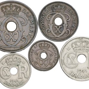 Færøerne, 1, 2, 5, 10 og 25 øre 1941, Sieg 1-5, kv. 1+ - komplet sæt.