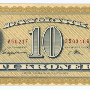 10 kroner 1952 A6, 'blindetier', Haugen Johansen / Riim, nr. 3503406, Sieg 130, Pick 43, kv. 01