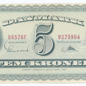 5 kroner 1957 B6, Sunesen / Riim, nr. 9375904, Sieg 129, Pick 42, kv. 01