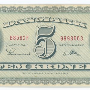 5 kroner 1958 B8, Sunesen / Riim, nr. 9998663, Sieg 129, Pick 42, kv. 01