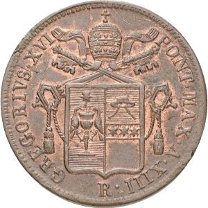 Papal States, Gregory XVI (1831-1846), Baiocco 1843 R anno XIII, KM  1320, EF